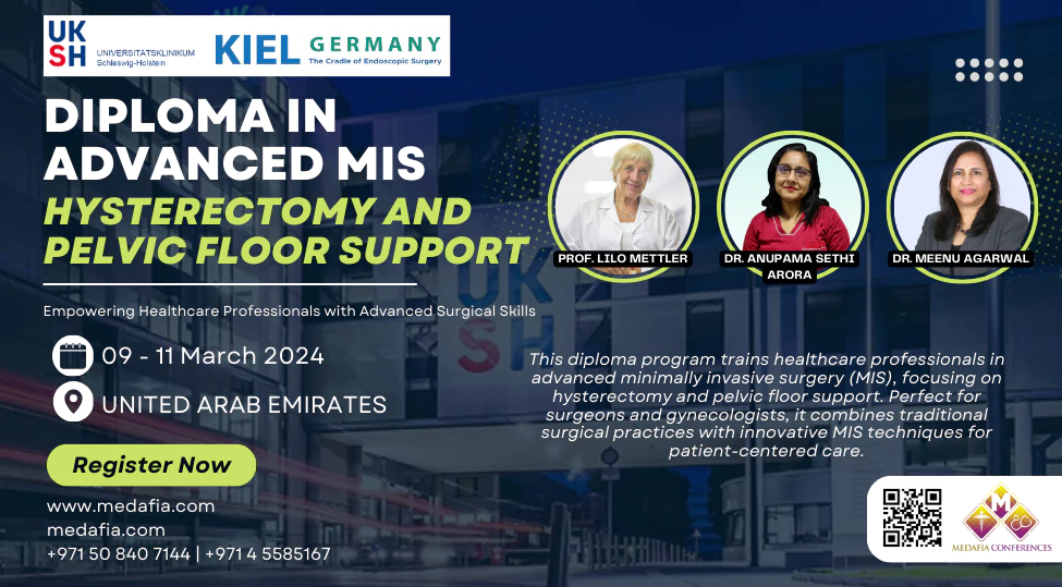 Banner for Diploma in Advanced MIS Hysterectomy and Pelvic Support Program featuring modern medical imagery and course details.