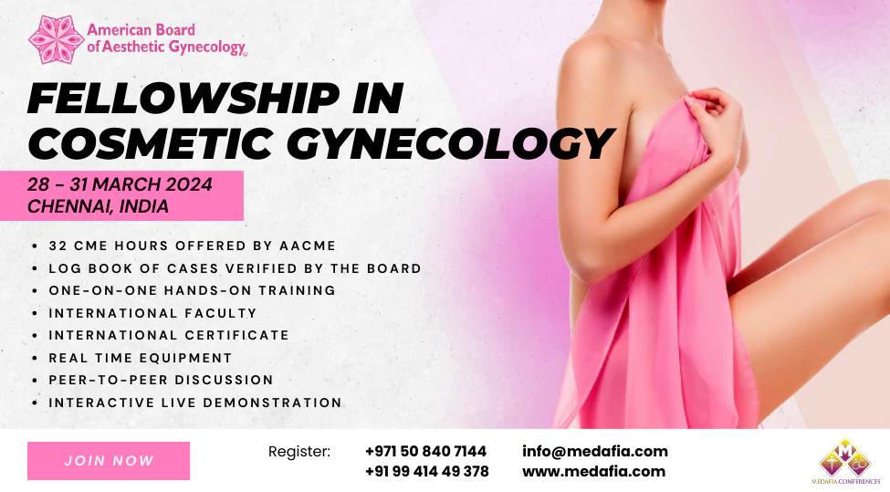 Banner of fellowship in cosmetic gynecology in chennai, highlighting the course benefits and information